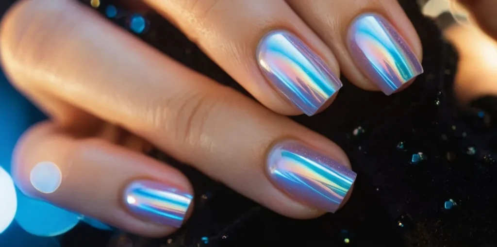 A close-up shot captures the mesmerizing play of light reflecting through translucent acrylic nails, showcasing delicate air bubbles suspended within the glossy surface.