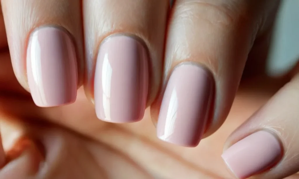 A close-up shot of a woman's hand with perfectly manicured almond-shaped nails. The nails are painted with a classic French tip design, featuring a soft pink color that elegantly complements her skin tone.