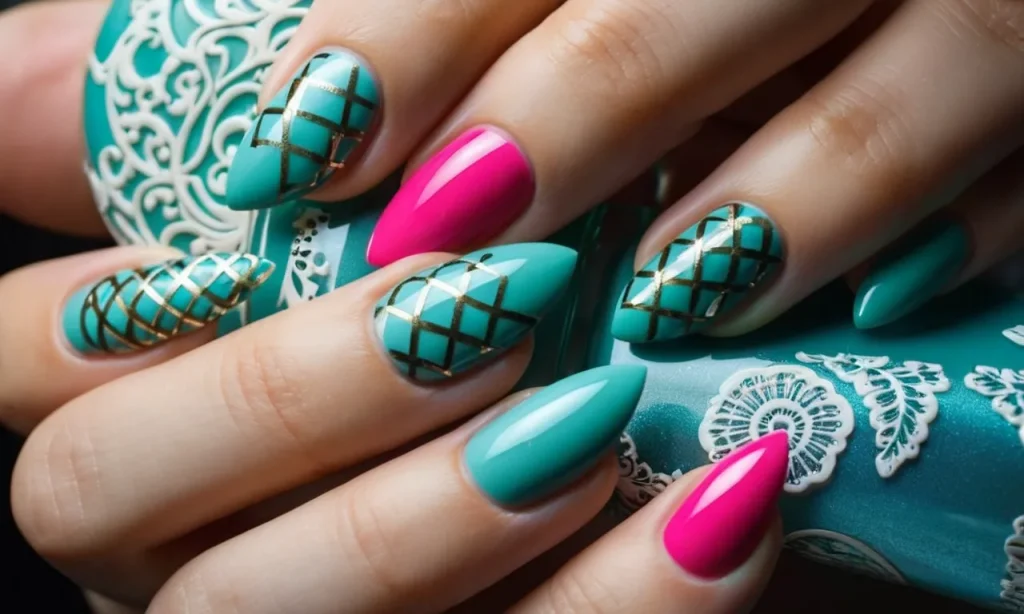A close-up shot showcasing a set of beautifully manicured hands adorned with intricately designed almond-shaped acrylic nails, featuring elegant patterns and vibrant colors.