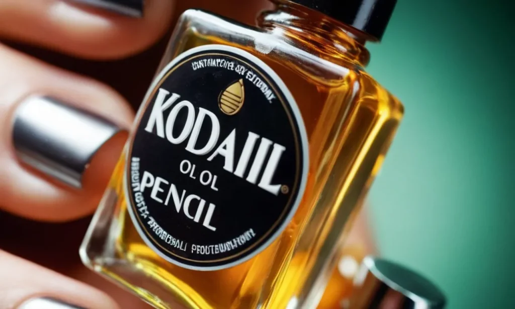 A close-up shot of a bottle of anti-fungal oil for nails, showcasing its sleek design and featuring a drop of oil suspended mid-air, ready to provide relief and rejuvenation.