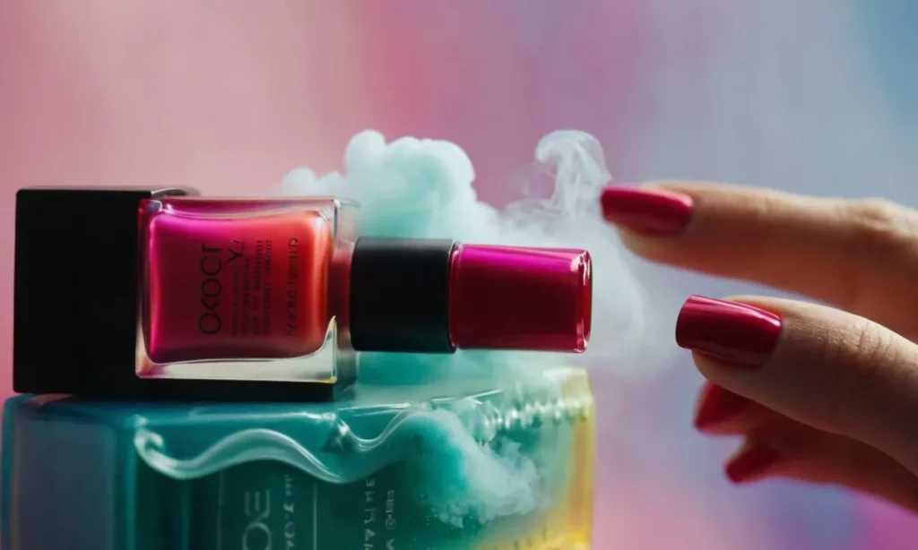 Close-up of a hand holding a bottle of nail polish, emphasizing the warning label, while a cloud of colored mist symbolizes the potentially harmful fumes lingering around.