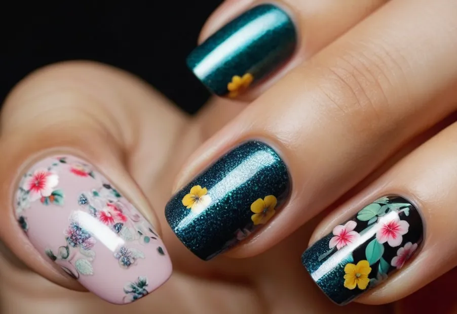 A close-up shot capturing a set of beautifully manicured nails adorned with vibrant nail stickers, raising questions about their potential impact on nail health and durability.