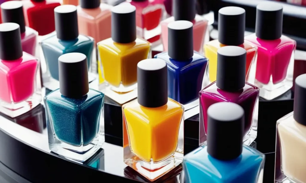 A close-up photograph capturing an array of nail polish bottles in various colors and brands, arranged neatly on a price tag, signifying the average cost of nail polish.