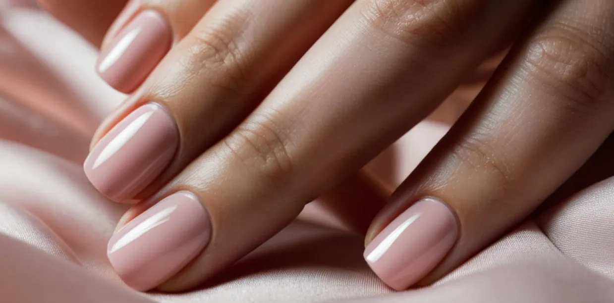 A close-up shot captures delicate hands gracefully poised, displaying perfectly manicured nails painted in a ballet pink gel polish, radiating elegance and sophistication.