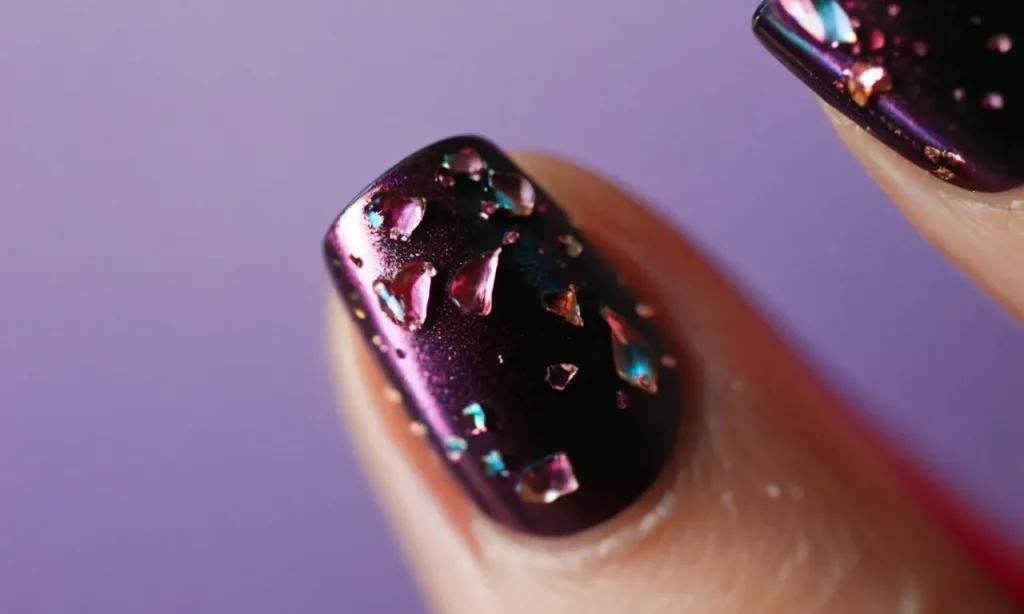A close-up photo capturing a bitten fingernail, with chipped and damaged nail polish, revealing the consequences and side effects of habitual nail biting.