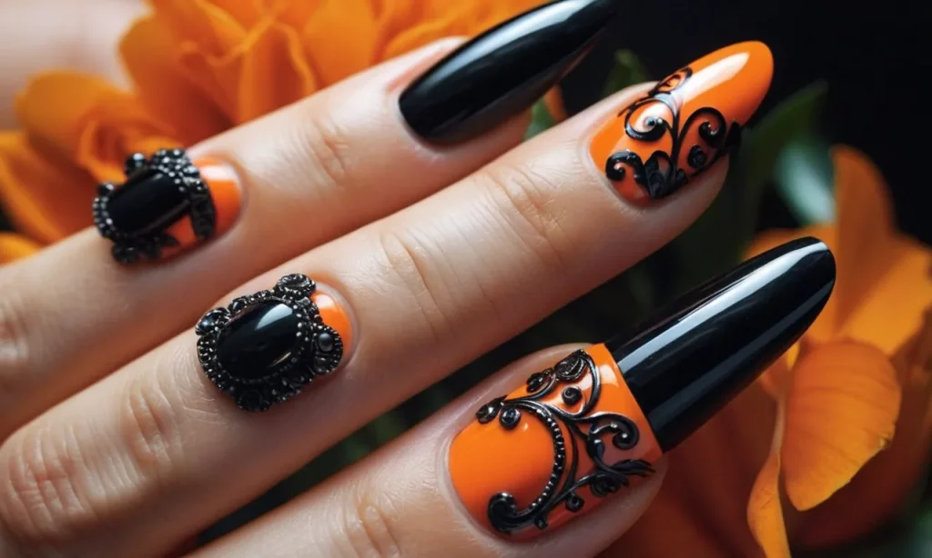 A close-up shot capturing the intricate details of a hand adorned with elegant black and orange nail designs, showcasing a perfect blend of sophistication and playfulness.