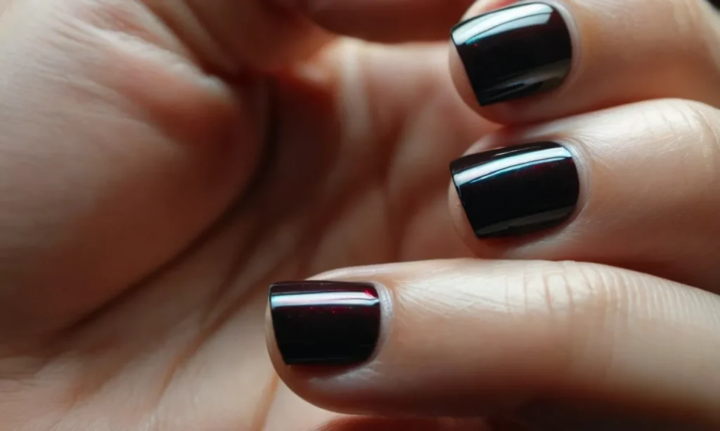 Close-up of a hand, showcasing perfectly manicured nails with glossy gel polish. However, visible black marks and streaks mar the otherwise flawless finish, indicative of post-gel removal imperfections.