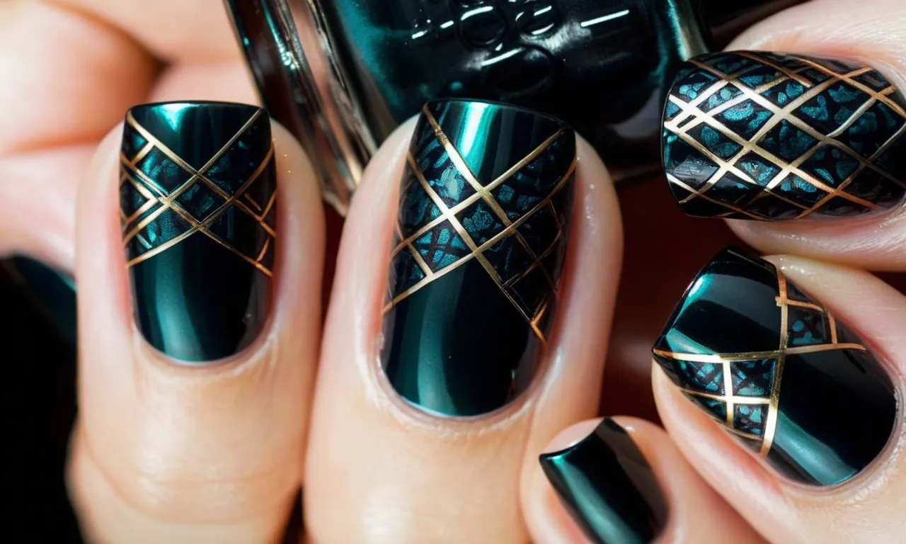 A close-up shot showcasing sleek, black nails with a stunning ring finger design; the intricate pattern adds a touch of elegance and sophistication to the overall look.