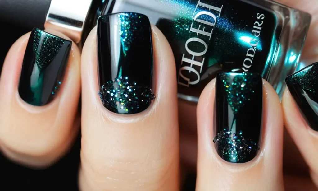A close-up shot capturing the flawless transition from jet black to crystal clear on a set of meticulously manicured ombre nails, showcasing elegance and sophistication.