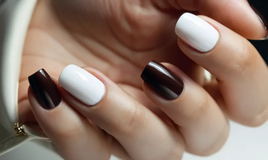 A close-up shot captures the elegance of a woman's hand, showcasing perfectly manicured brown nails with pristine white tips, exuding sophistication and style.