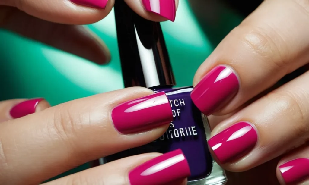 A close-up shot capturing the vibrant colors of brush-on peel-off nail polish being delicately applied to a perfectly manicured hand, showcasing its easy application and versatility.