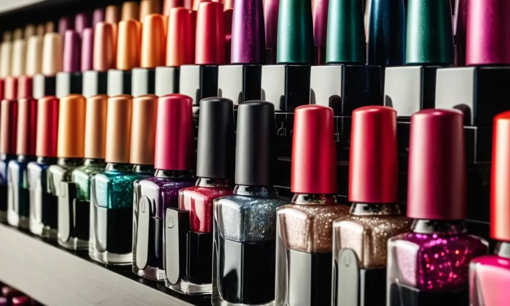 A vibrant, close-up shot capturing rows of colorful nail polish bottles neatly arranged on a display shelf, showcasing a bulk purchase opportunity.