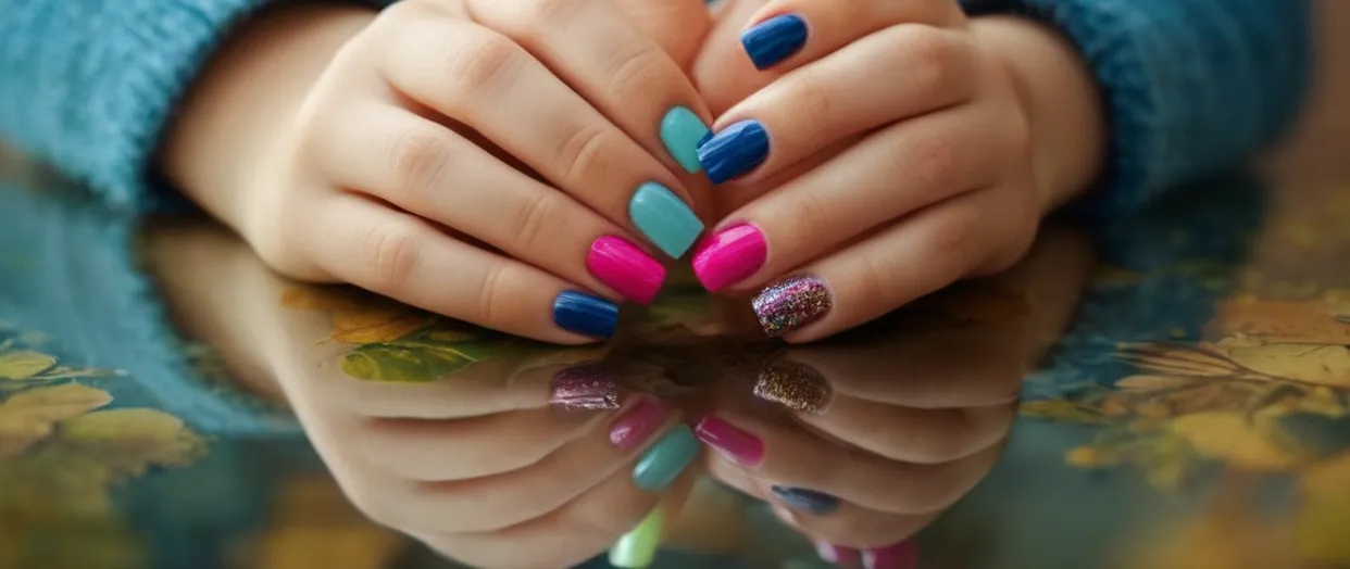 A close-up photo capturing small hands with colorful acrylic nails delicately applied, showcasing a six-year-old's innocence and curiosity in exploring personal expression.