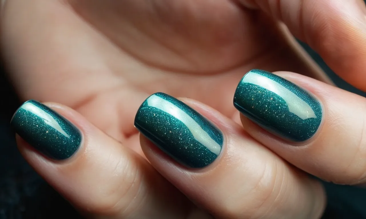 A close-up photo capturing a hand with beautifully manicured nails, showcasing a mix of gel and regular nail polish, creating a unique and vibrant blend of colors.