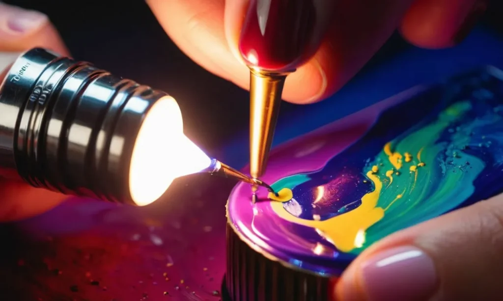 A close-up photo capturing a hand delicately painting vibrant nail polish onto a light bulb, showcasing the creativity and experimentation of the individual.