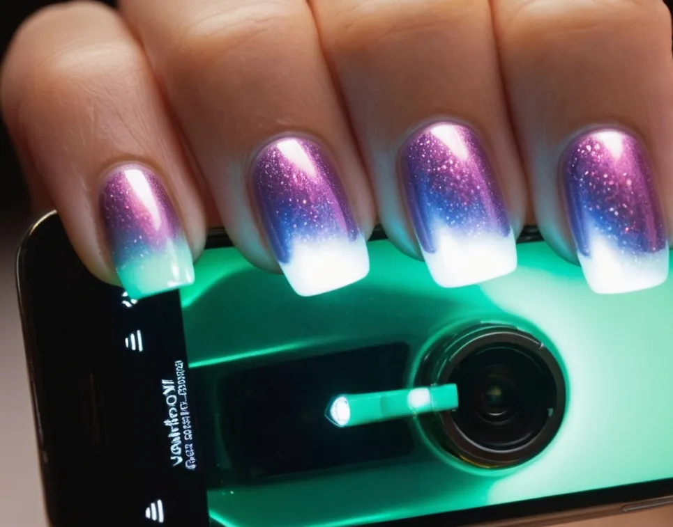 A close-up photo capturing a person's hand holding a smartphone with the flashlight feature illuminated, as it hovers over a set of freshly painted gel nails.