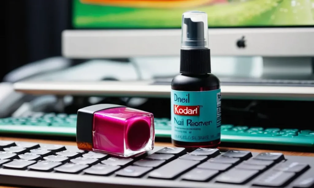 A close-up photo capturing a bottle of nail polish remover placed next to a computer keyboard, depicting the curiosity and potential harm of using it to clean delicate electronics.