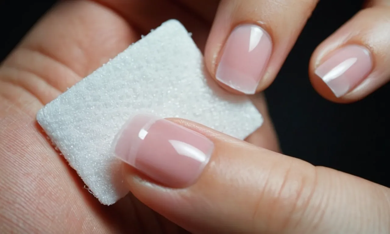 Close-up shot of a hand holding a cotton pad soaked in isopropyl alcohol, gently removing acrylic nails, capturing the process of nail removal with precision and effectiveness.