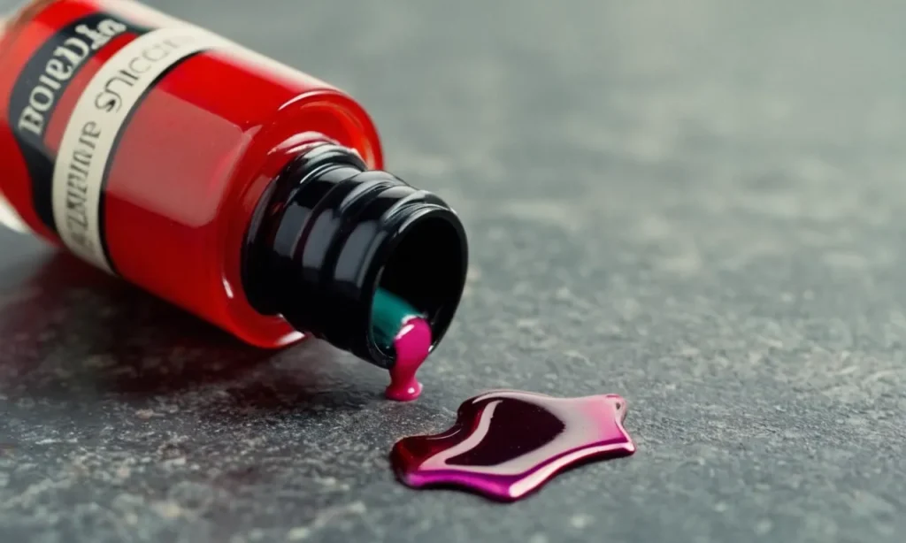 A close-up photograph captures a bottle of nail polish, its cap removed, with a small object securely attached to a surface, demonstrating the unconventional use of nail polish as a makeshift adhesive.