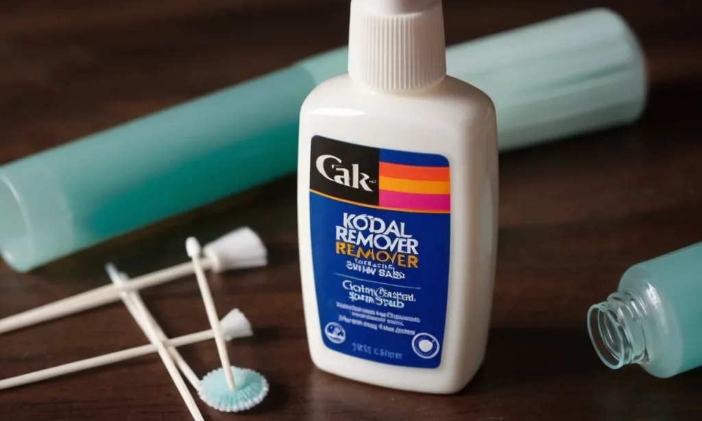 A close-up photo capturing a bottle of nail polish remover, cotton swabs, and a Sharpie marker. The focus is on the remover's label, suggesting its potential in removing Sharpie marks.