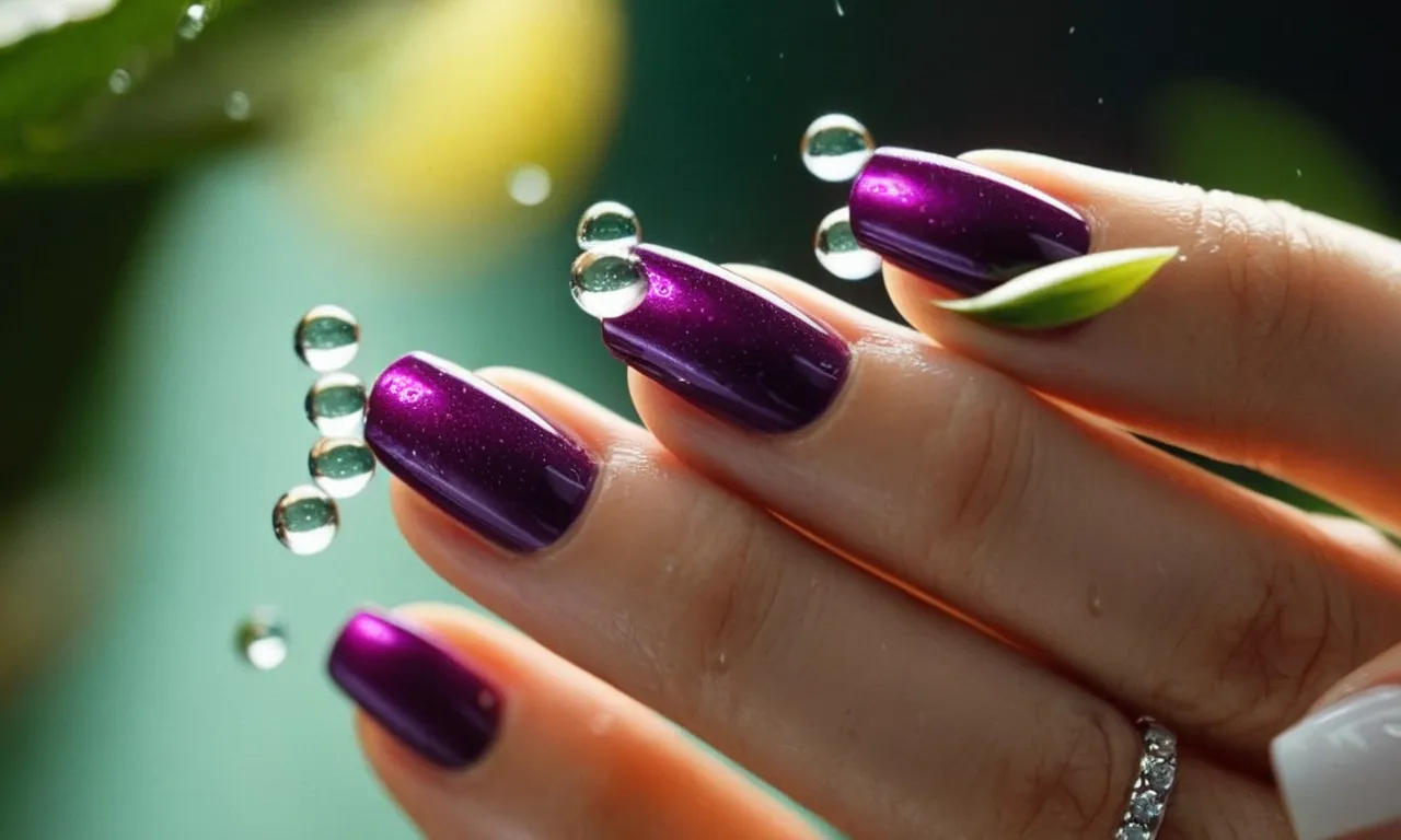 A close-up photo capturing water droplets falling on a set of beautifully manicured press-on nails, highlighting the question of whether they can withstand being wet.