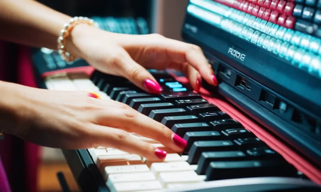 A close-up shot showcasing a hand with vibrant acrylic nails gracefully typing on a keyboard, symbolizing the question of whether servers can sport such fashionable nails while working.