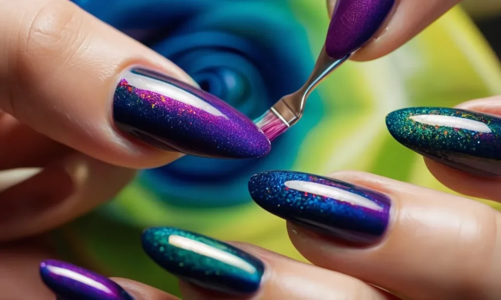 A close-up photo capturing a pair of hands holding a paintbrush dipped in vibrant colors, delicately painting over a set of perfectly shaped and glossy acrylic nails.