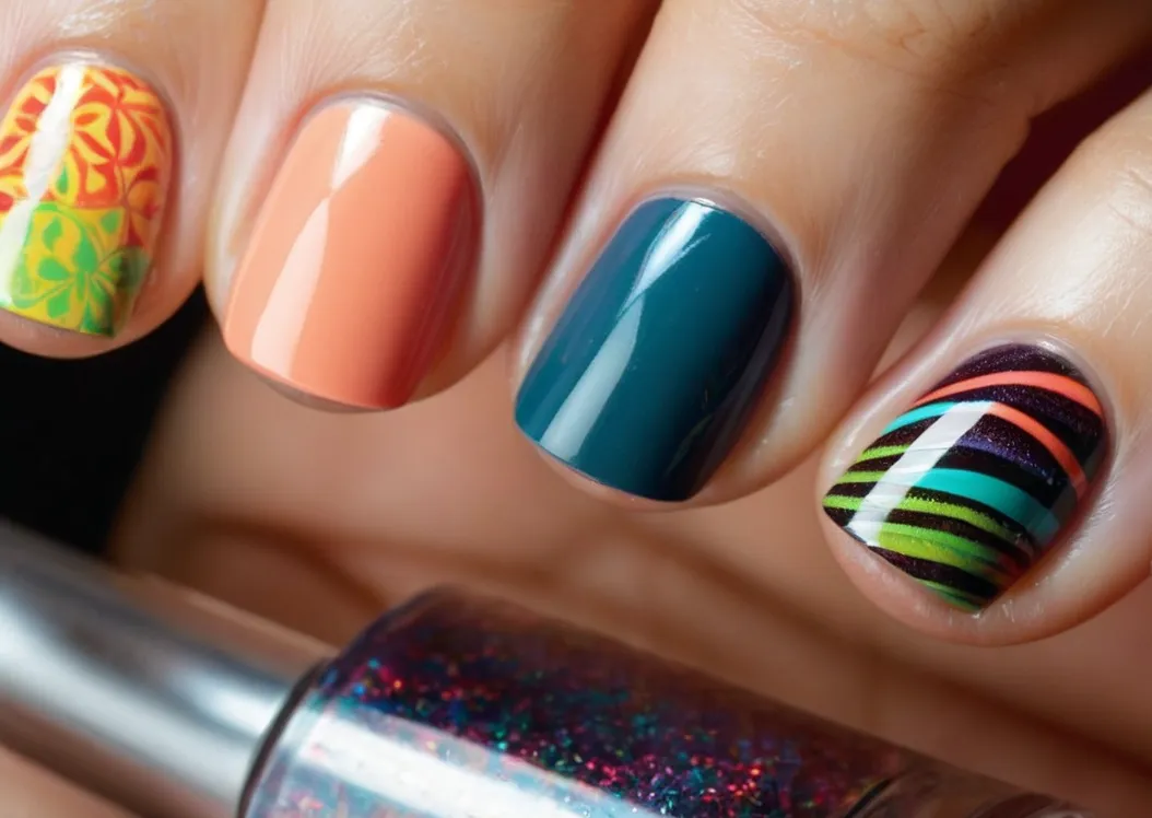 A close-up photo capturing the vibrant colors and intricate patterns of freshly painted nails, as a stream of warm air from a blow dryer gently dries the nail polish.