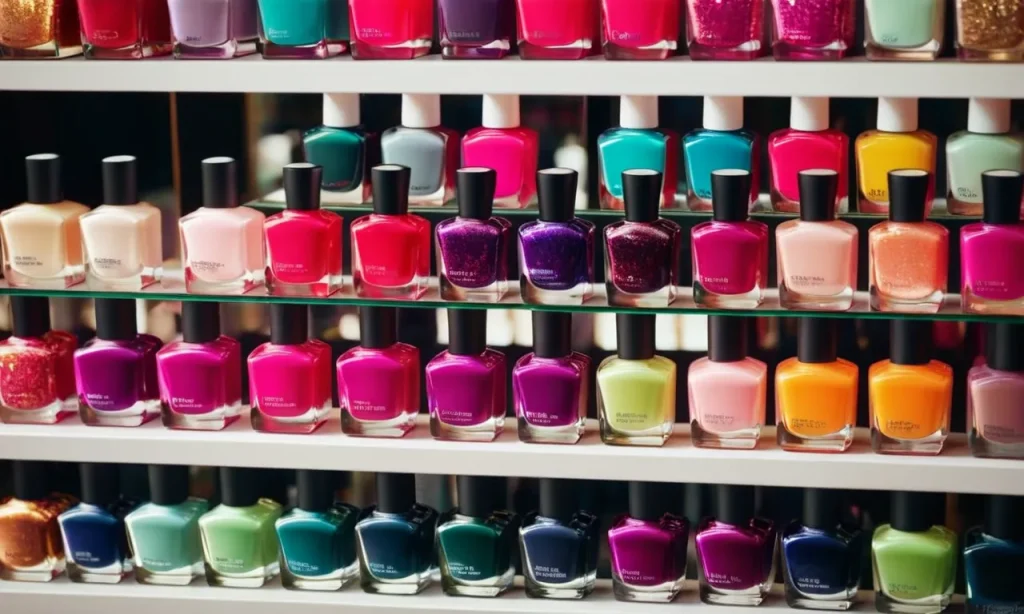A close-up shot capturing a vibrant array of gel nail polish bottles neatly displayed on a store shelf, enticing customers with a variety of colors and finishes.