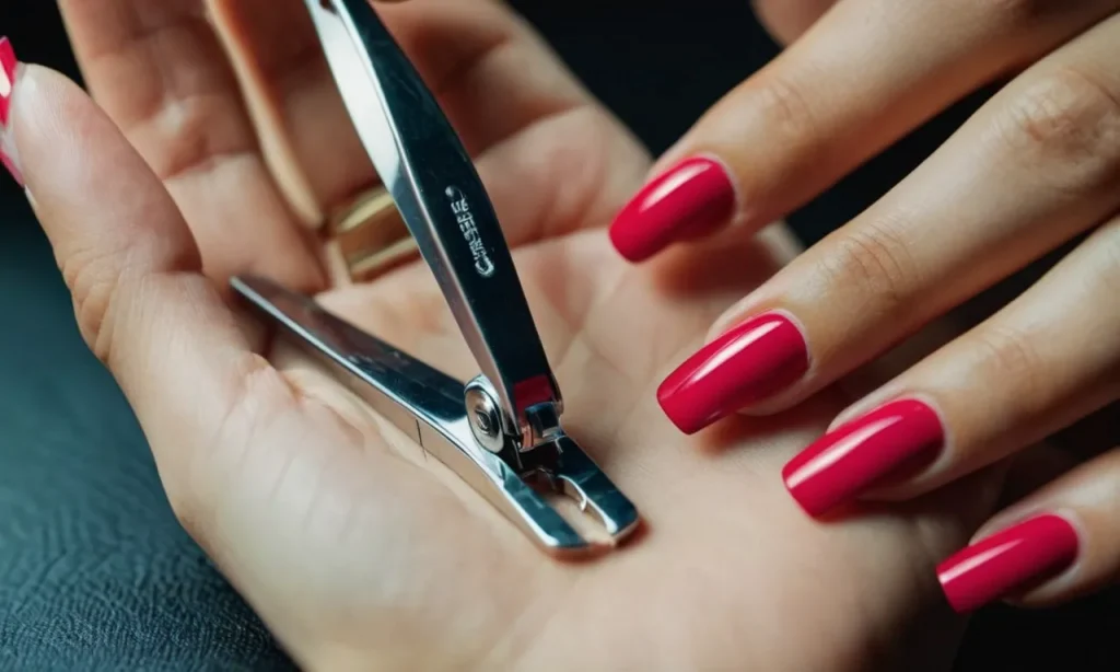 A close-up shot of a pair of hands holding a nail cutter, with beautifully manicured acrylic nails ready to be trimmed, capturing the anticipation of a nail makeover.