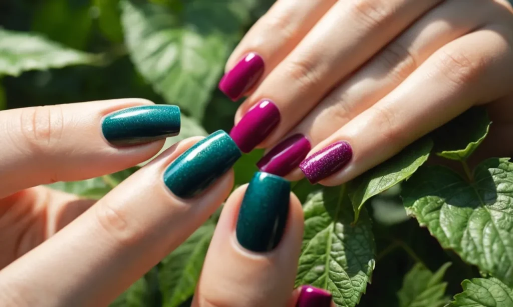 A close-up shot capturing a pair of hands delicately applying vibrant acrylic nail polish outdoors, with a backdrop of lush greenery and natural sunlight, showcasing the versatility of nail art.