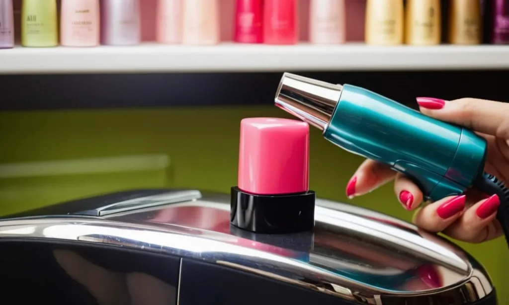 A close-up photo capturing a vibrant gel nail polish bottle placed next to a hair dryer, showcasing the juxtaposition of beauty and practicality in the world of nail care.