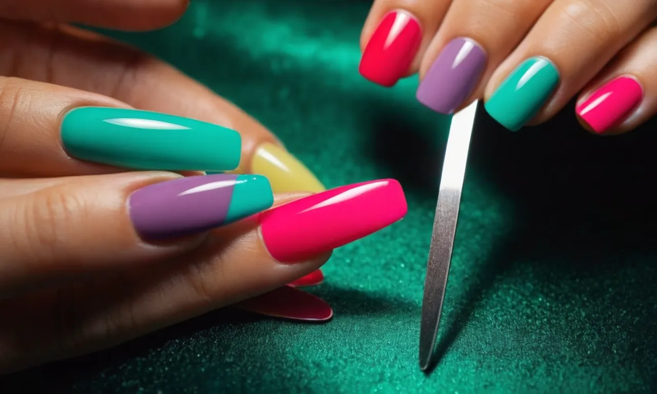 A close-up shot capturing a hand holding a nail file, with neatly arranged fake nails in vibrant colors, showcasing the process of filing and shaping artificial nails.