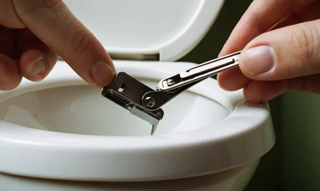 A close-up shot of a hand holding a nail clipper, capturing the tiny clippings falling into a toilet bowl, symbolizing the question "Can you flush nail clippings?"