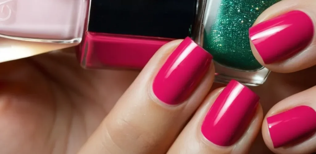 A close-up shot capturing a hand with vibrant acrylic nails elegantly holding a bottle of nail polish, highlighting the question "Can you get a manicure with acrylic nails?"
