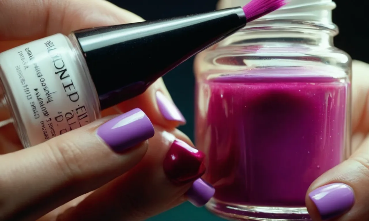 A close-up shot capturing a pair of hands fully immersed in a jar of nail polish remover, with a paintbrush hovering above, symbolizing the desire to paint over dip nails.