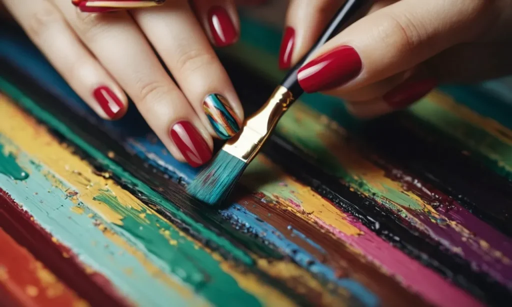 A close-up photograph captures a hand delicately holding a small paintbrush, dipped in vibrant paint colors, meticulously painting an intricately designed pattern on a woman's perfectly manicured nails.