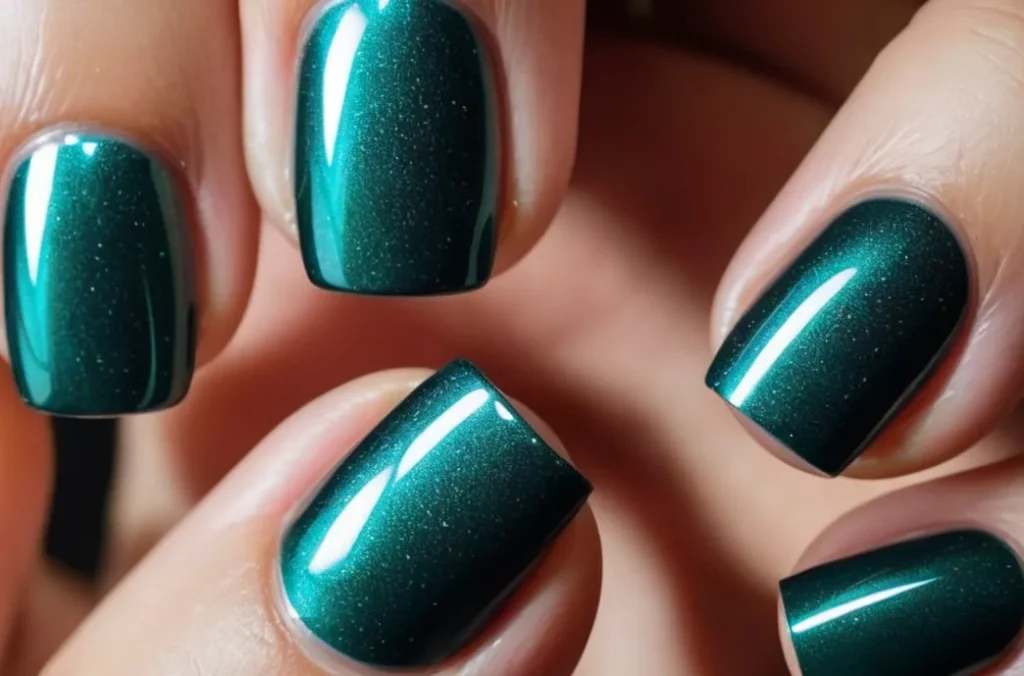 A close-up photo showcasing a manicured hand with beautifully sculpted acrylic nails coated in a glossy gel polish, exuding elegance and vibrancy.