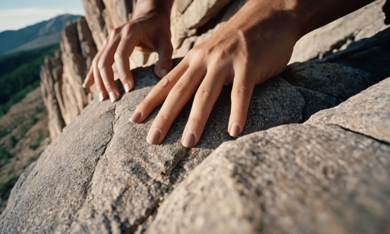 A close-up shot capturing a hand with long, perfectly manicured nails gripping onto a rugged rock face, showcasing the determination and skill of a rock climber defying traditional expectations.