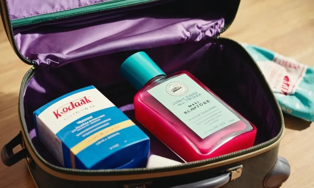A close-up shot of a bottle of nail polish remover placed next to a packed suitcase, highlighting the uncertainty and questioning whether it is allowed in checked luggage.