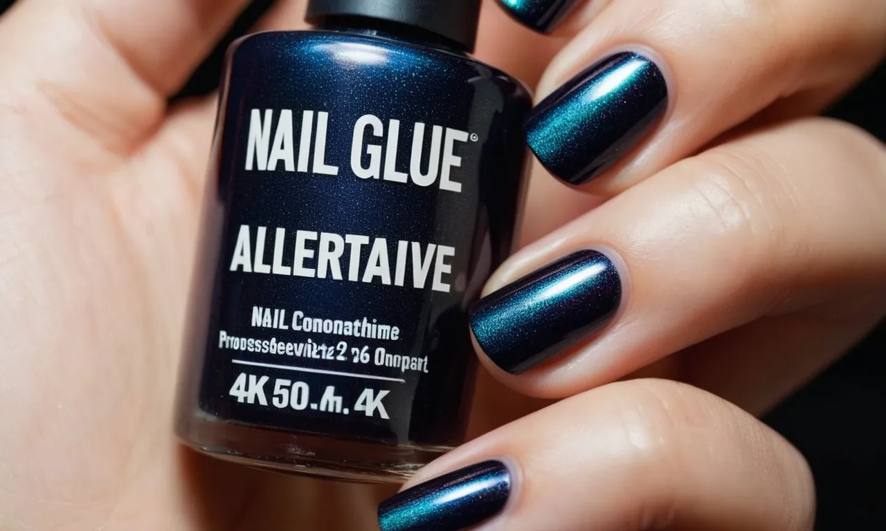 A close-up shot capturing a hand elegantly holding a bottle of gel polish, showcasing its vibrant color and text that reads "Nail Glue Alternative" prominently on the label.