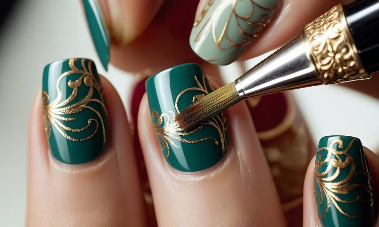 A close-up photograph capturing the delicate strokes of a paintbrush skillfully applying intricate designs onto a set of beautifully manicured nails.