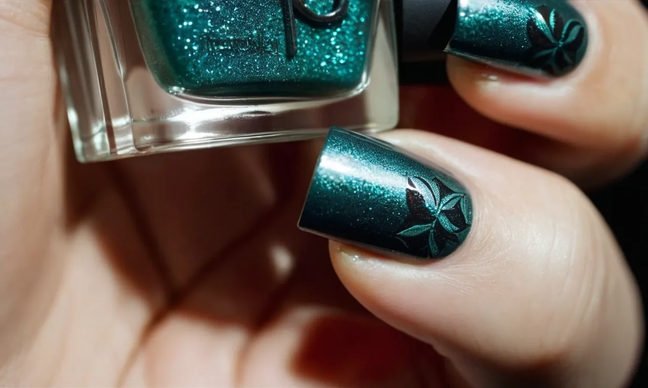 A close-up shot capturing a hand holding a regular nail polish bottle, a stamping plate, and a freshly stamped nail design, showcasing the possibilities of using regular nail polish for stamping art.