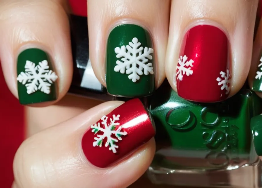A close-up photo showcasing festive red and green nail polish on short nails. Intricate Christmas-themed designs adorn each nail, including snowflakes, candy canes, and tiny reindeer, adding a touch of holiday cheer.