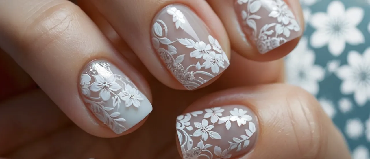 A close-up shot captures perfectly manicured clear nails adorned with delicate white floral patterns, adding an elegant touch to the hands.