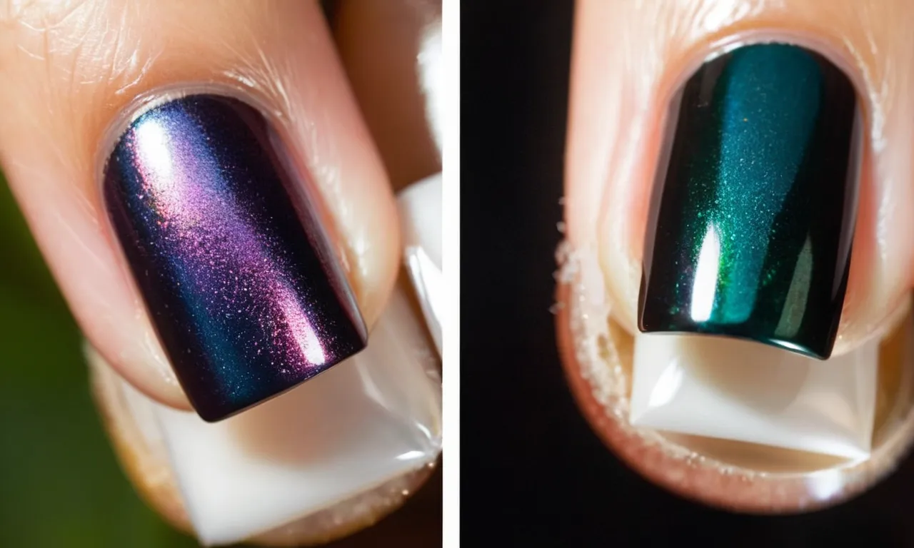 A split-screen photo showcasing a pair of nails - one before treatment with coconut oil, dull and brittle; the other after, vibrant and strengthened, reflecting the transformative effects of coconut oil.