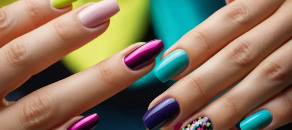 A vibrant close-up shot showcases a hand with perfectly manicured nails adorned with a variety of colorful French tip designs, adding a playful and artistic touch to the fingertips.