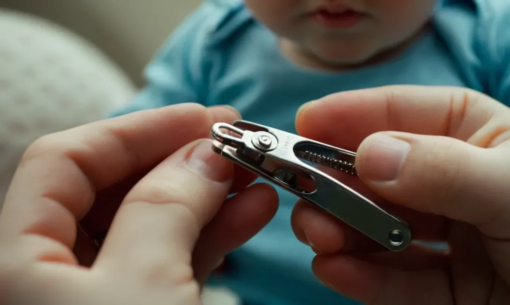 A close-up photograph capturing the tiny hands of a baby clutching nail clippers, a poignant reminder of the potential dangers and importance of child safety.