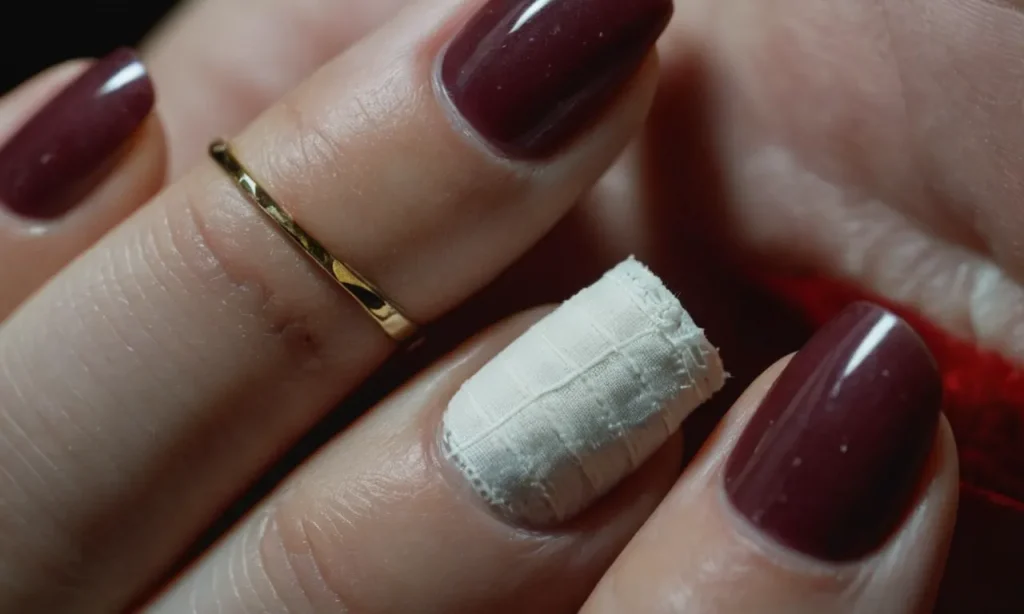 A close-up photo capturing a bandaged fingertip, revealing a thin line where the tip was severed, while showcasing a partially missing nail.