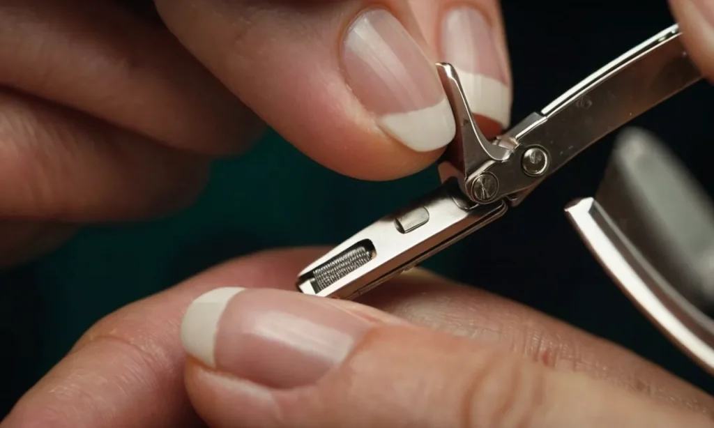 A close-up shot of a pair of nail clippers delicately removing a wart from a finger, capturing the precision and determination required to perform the task.